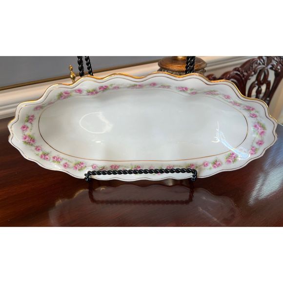 Vintage‎ Oval Oblong Serving Dish German Hand Painted Rose Gilt Ruffled Edge - Picture 2 of 6